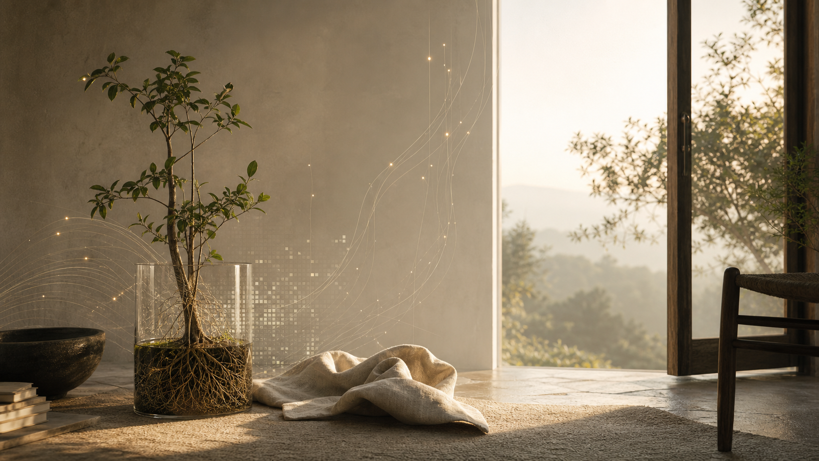 A grounded threshold space with roots, warm dawn light, and anchored luminous signal lines.