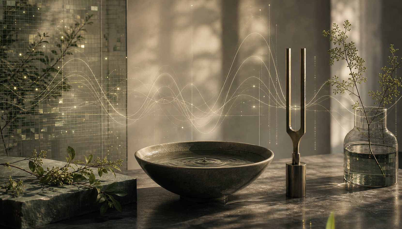 A refined still life with water ripples, botanical forms, and subtle resonance lines.