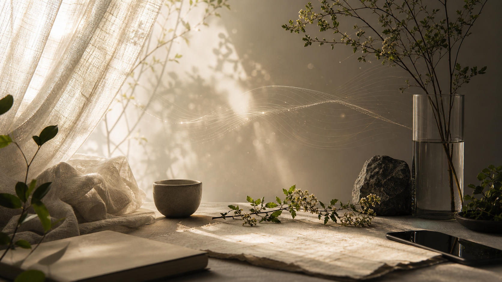A tactile interior still life with botanical stems, soft light, and subtle sound-wave lines.