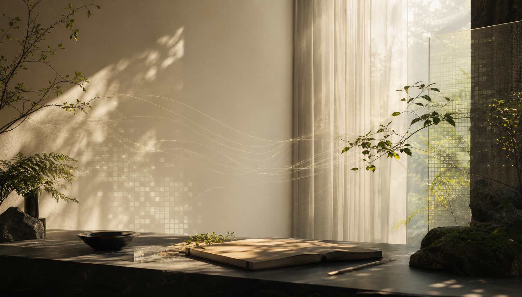 A quiet luminous room where plants, light, and subtle digital reflections meet.