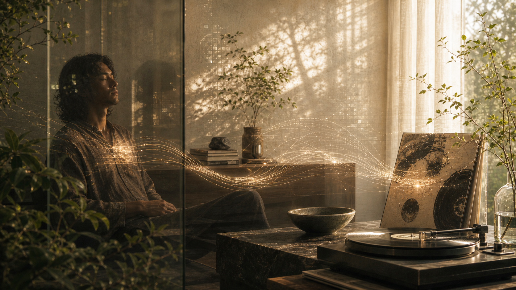 A warm listening room with a turntable, record sleeve, plants, and amber signal filaments moving toward a half-lit figure.