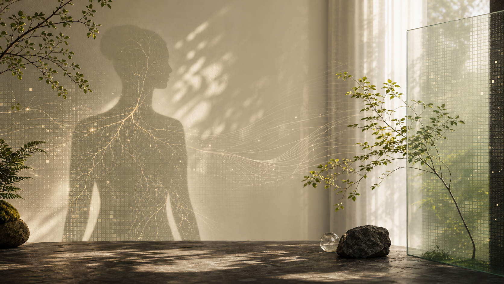 An abstract living interface where botanical pathways, signal grids, and soft light converge.