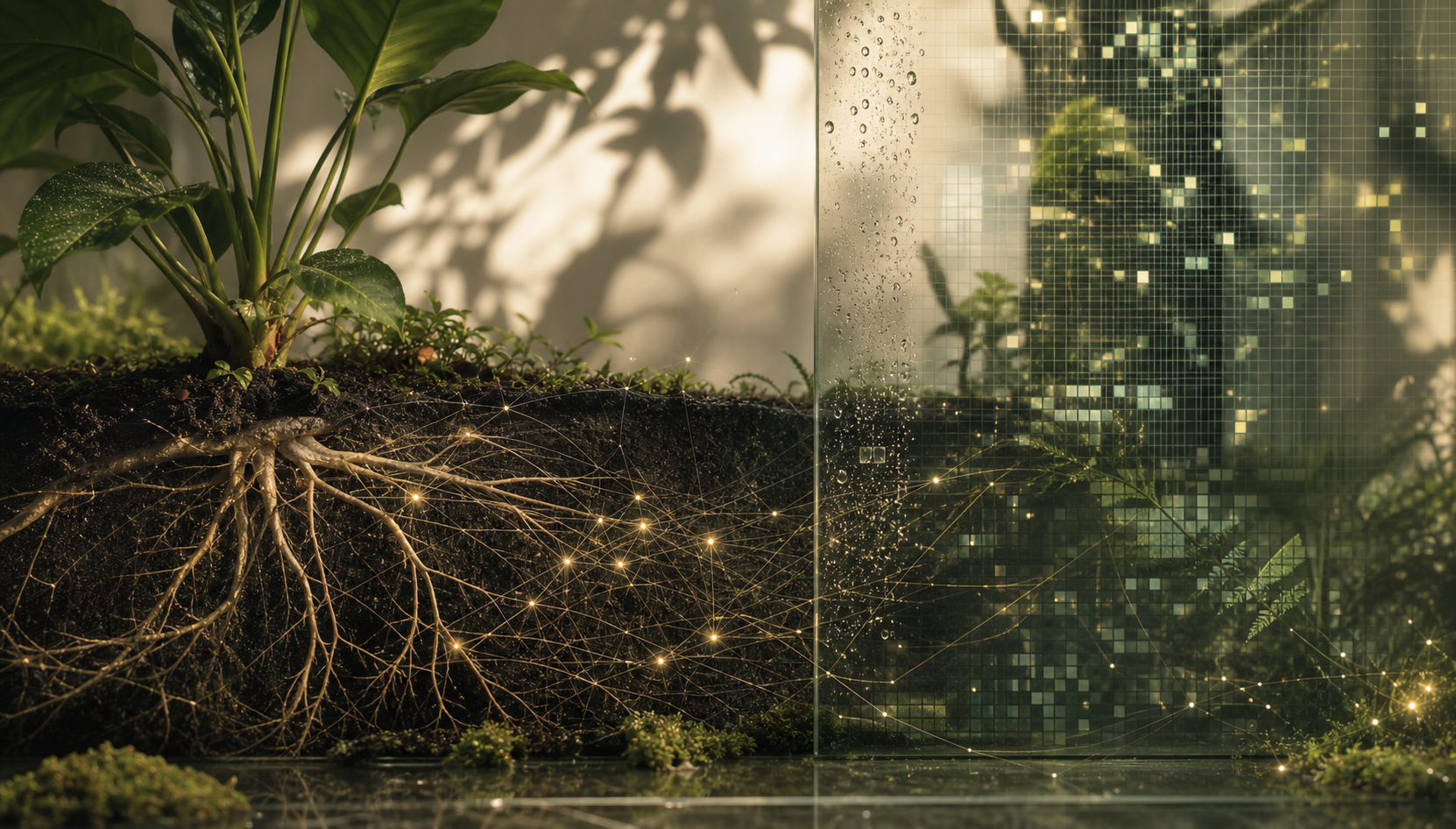A living plant root system beside a translucent digital field, suggesting ecological intelligence.