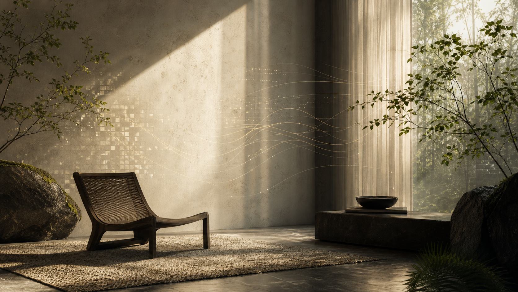 A serene room with warm light, plant shadows, and subtle resonance arcs in the air.